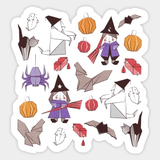 Halloween origami tricks // white and coloured paper and cardboard geometric witches cats ghosts spiders wolfs bats Dracula lips and pumpkins Sticker